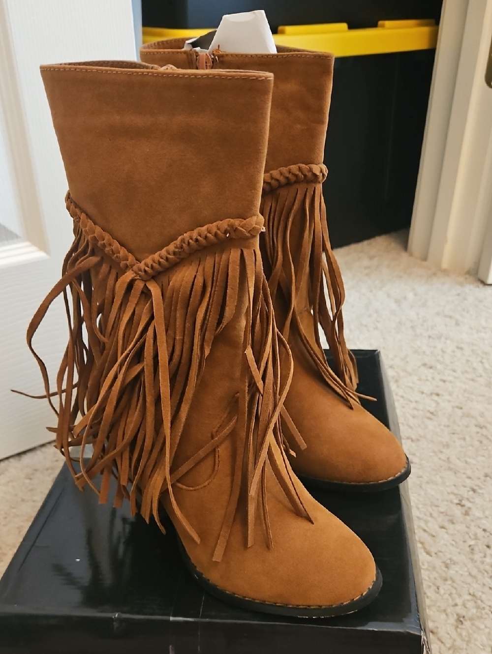 Braided Fringe Suede Mid-Calf Boots - Brown